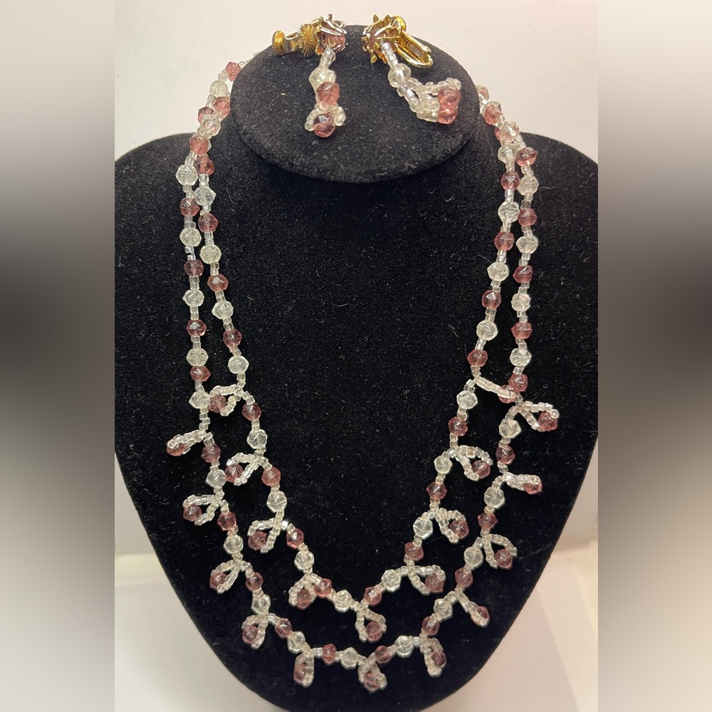 Vintage Beaded Necklace Earrings Set signed Coro sterling clasp pink beads gold